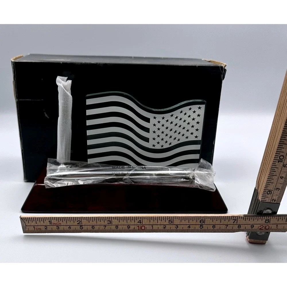 American Flag Etched Glass Desk Pen Set Wood Base Patriotic Executive Gift NEW
